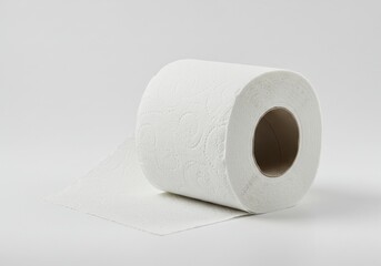 A single roll of white toilet paper is placed on a white surface in a studio setting light image