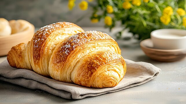 Delicious flaky homemade croissants displayed on a plate with a napkin surrounded by a natural setting of flowers and greenery