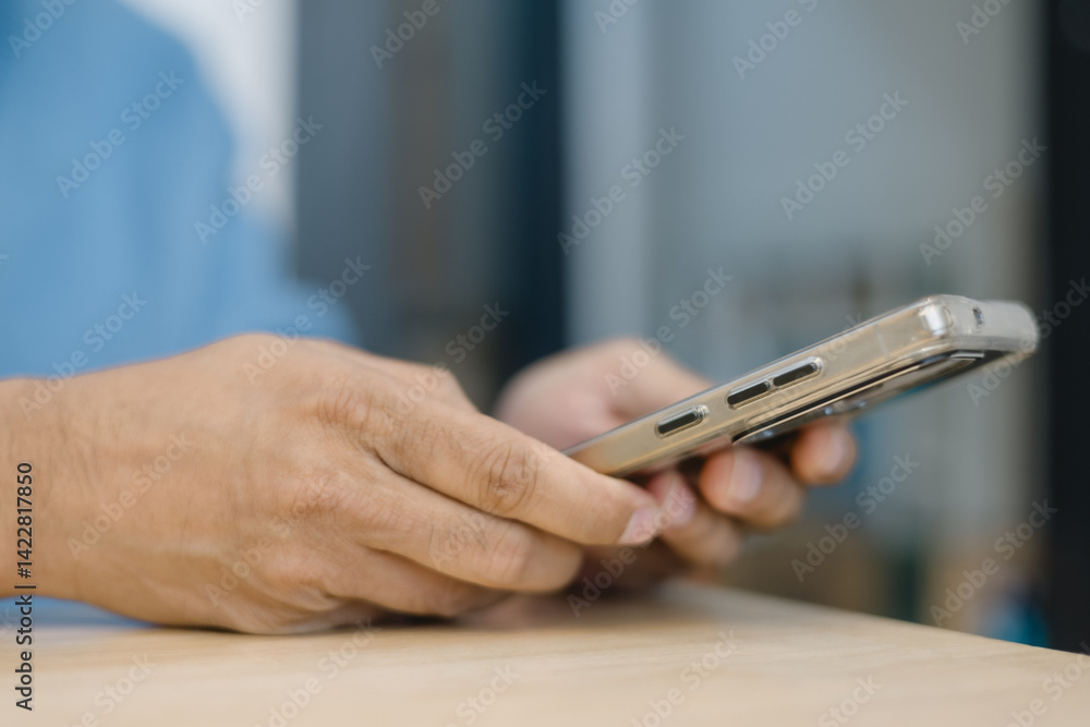 Poster social media marketing concept hand using smartphone searching data networks or chatting online. typ