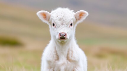 Adorable white calf in a field