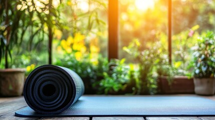 Rolled yoga mat rests on a wooden surface by a sunlit window.