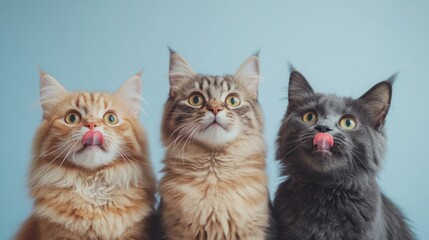 Three beautiful fluffy cats with captivating eyes and funny tongues