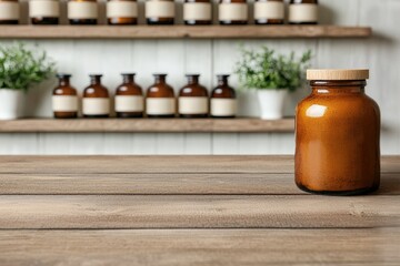 Amber apothecary jar sitting on wooden table with vintage brown bottles on shelves in background