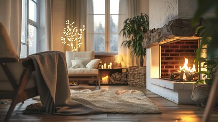Cozy house interior with fireplace and armchair.