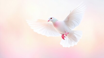 A beautiful white dove in flight against a soft, pastel background