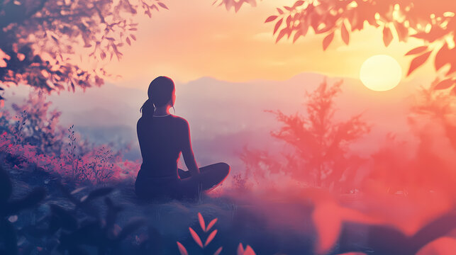 Peaceful landscapes radiate calm energy, fostering spiritual flow and tranquil nature's serene embrace. Quietude Flow. Illustration