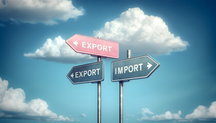 International Trade Choices: Export and Import Directional Road Sign Against Blue Sky
