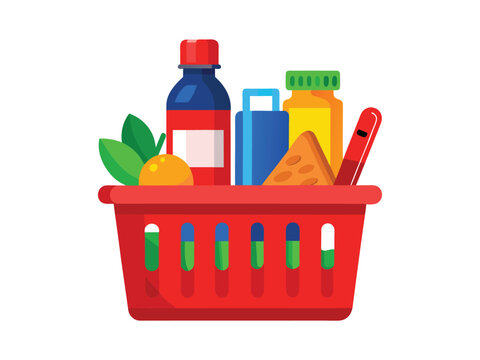 A red shopping basket full of groceries including a carton of juice, a can of olives, a bottle of olive oil, bread, and other items, on a white background