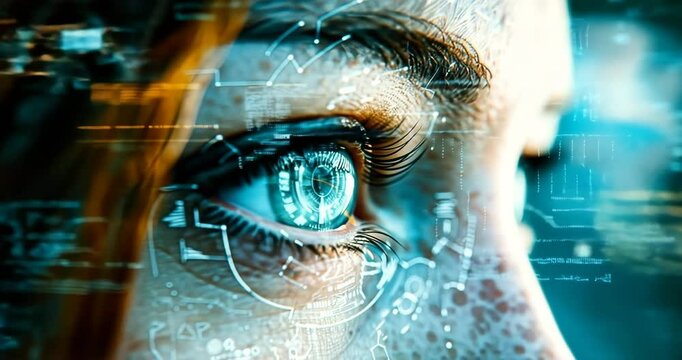 Macro eye vision with futuristic digital data overlay background. Digital Human Profile and Brain Circuit. An artistic portrayal of AI with a side profile of a human head infused.