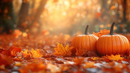 autumn harvest setting with pumpkins and fall leaves - image stock
