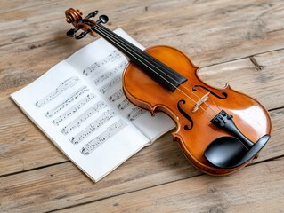 Fototapeta premium Violin Sheet Music Wooden Background
