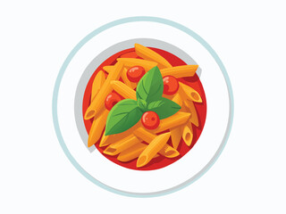 Penne pasta with tomato sauce and basil leaves on a white plate, the background is plain white