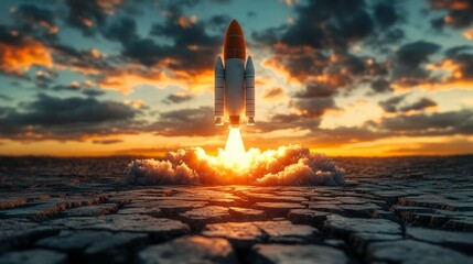 Rocket launching into the sky with clouds and a cracked earth surface during a sunset scene view