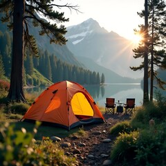 the tent is located in nature near a pond, mountains and the sunrise are visible in the distance