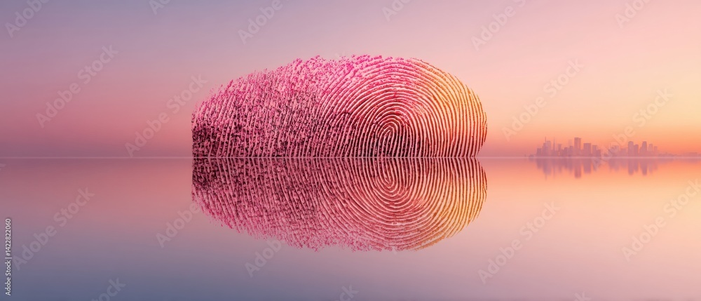 Poster Future Biometric Identity AI-Enhanced Digital Security with Immersive Fingerprint Visualization in Gradient Sunset Landscape - Cybersecurity Innovation and Personal Authentication Technology