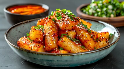 Close up of tteokbokki in a bowl with sesame seeds and green onions and other dishes in background