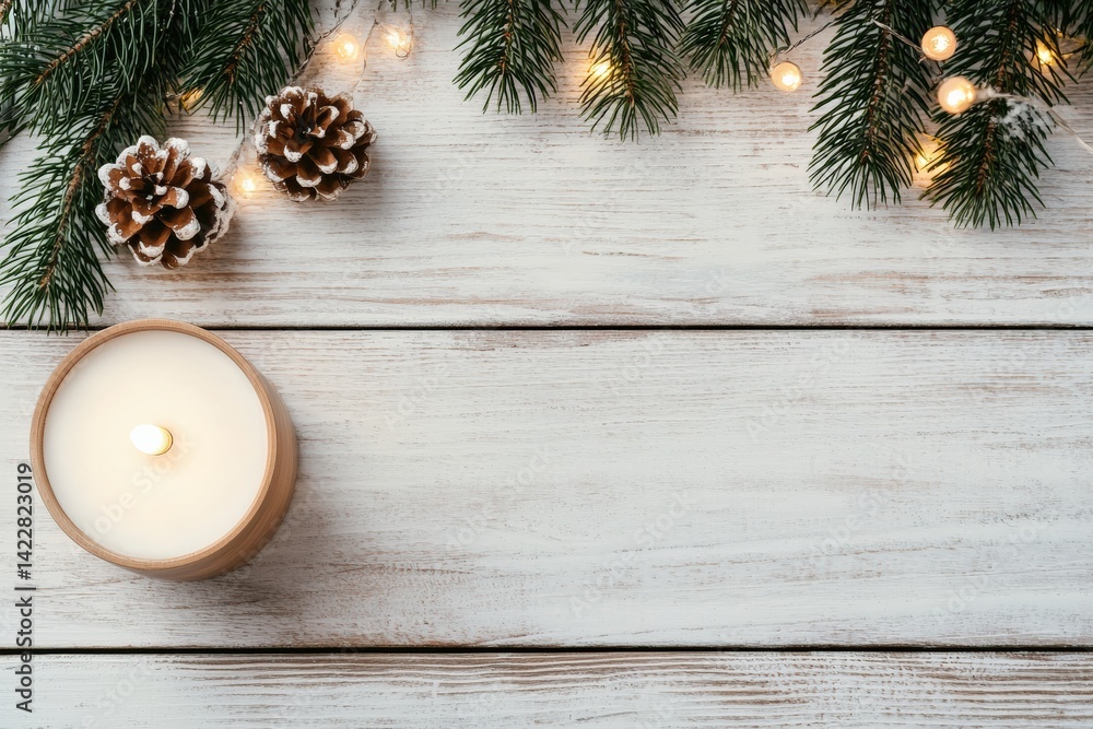 Poster christmas background featuring burning candle, pine cones, fir branches, and string lights on rustic