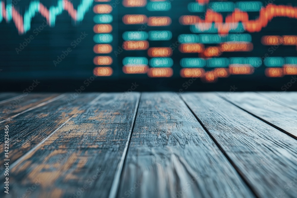 Poster empty wooden table showcasing blurred stock market data on screens in financial workspace