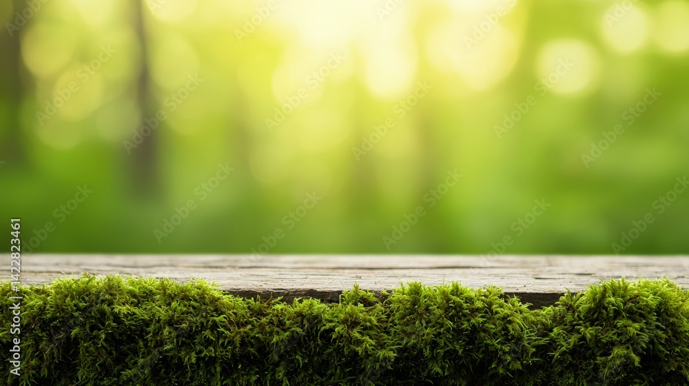 Poster mossy wooden table displaying lush green forest background
