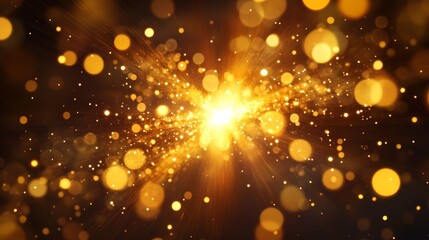 Fototapeta premium Sparkling golden bokeh explosion radiating from center, concentric circles of warm light particles, organic scattering of glowing orbs from bright to subtle, premium holiday background, professional