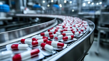 Red and white capsules in blister packs moving along a conveyor belt in a pharmaceutical factory line