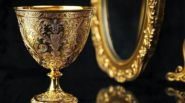 Ornate golden goblet, black background, antique mirror reflection