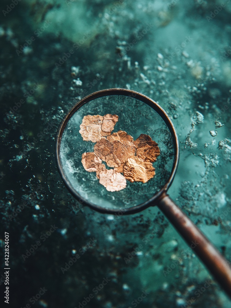 Poster precision verification in metallic teal magnifying glass revealing textured bronze certification emb