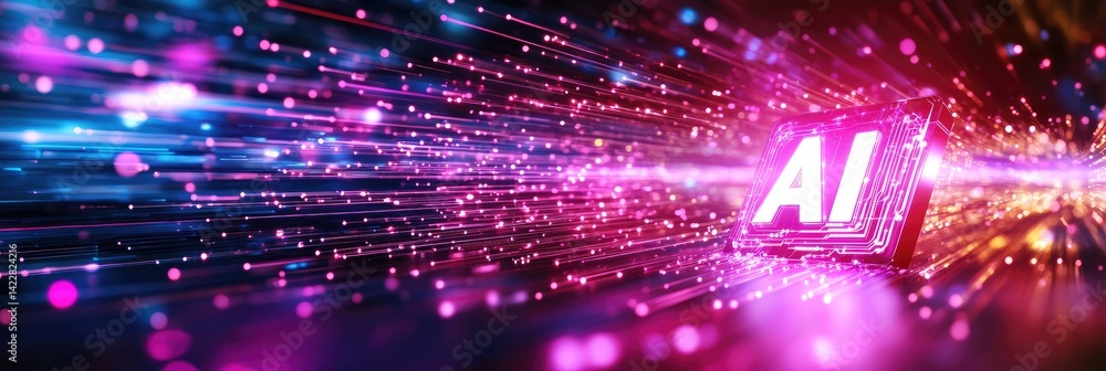 Poster abstract ai concept with glowing pink and blue streaks of light and futuristic technology network co