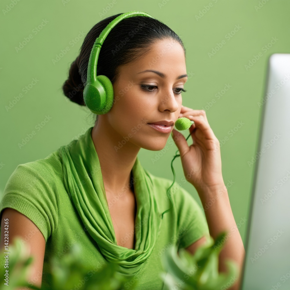 Poster green-tech wellness ergonomic remote professional in monochromatic sustainable workspace - next-gen 