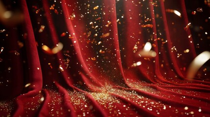 Rich crimson theatrical drapes with dimensional depth and natural gathering, floating golden celebration elements, shimmering metallic confetti catching spotlight, premium velvet texture with light