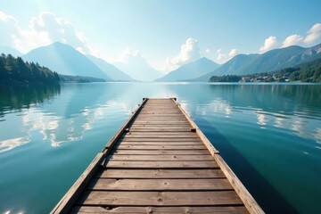 Obraz premium Rustic wooden pier extends over calm lake water, photography, beautiful, image