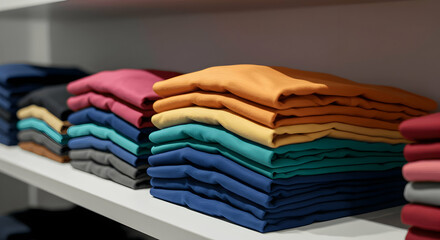 Vibrant Folded T-Shirts on Display Retail Store Fashion Apparel Clothing Shop Wardrobe Style Garment Merchandise Consumerism