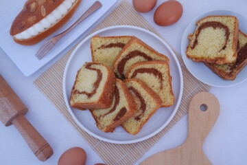 a delightful display of marble cake slices arranged neatly on a white plate