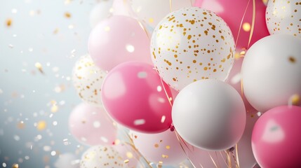 Festive balloon arrangement with subtle pink to white gradient spheres, dancing golden glitter particles creating depth, flowing ribbons with natural movement, premium material visualization,