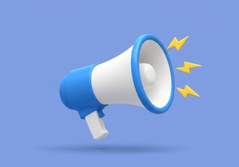 A blue and white megaphone with yellow lightning bolts on a light blue background rendering style