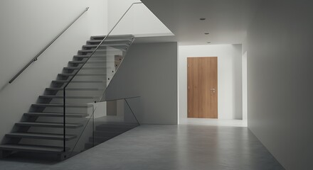 Fototapeta premium Empty interior with a staircase and door, 3D illustration.