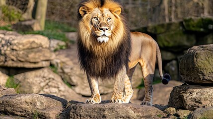 Obraz premium Majestic male lion with a thick golden mane standing tall on rocky terrain under harsh sunlight showcasing power and dominance