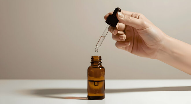 Amber glass dropper bottle with essential oil aromatherapy serum cosmetics spa hand holding pipette product beauty