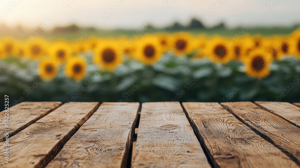 Poster wooden table displaying products with sunflower field background