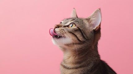 Tabby cat licking its nose on a pink backdrop