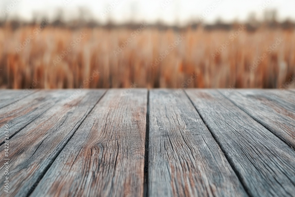 Aufkleber rustic wooden table with blurred wheat field background for eco-friendly product display