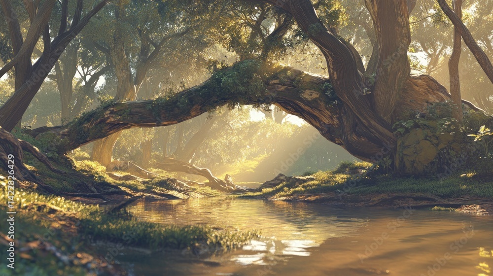 Poster sunlight streams through ancient forest trees arching over a tranquil stream. lush greenery surround