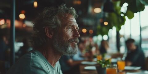 Obraz premium Authentic Masculine Wellness Reflective Husband Appreciation Day Portrait of Midlife Resilience in Urban Cafe Setting - Mindful Mens Lifestyle Narrative