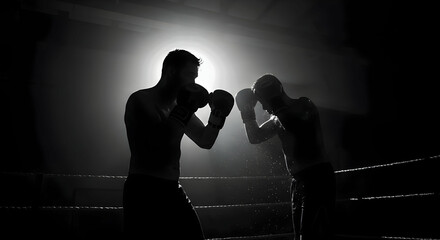 Silhouetted boxers sparring in a dramatic spotlight fight night intense competition training gym fitness workout