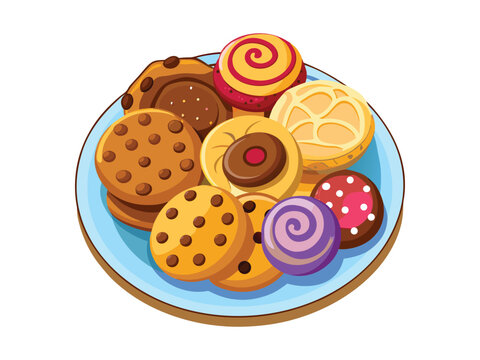 A plate full of assorted cookies, chocolate chips, cinnamon rolls, and jam-filled cookies, cartoonish style, bright colors, white background