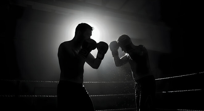 Silhouetted boxers sparring in a dramatic spotlight fight night intense competition training gym fitness workout