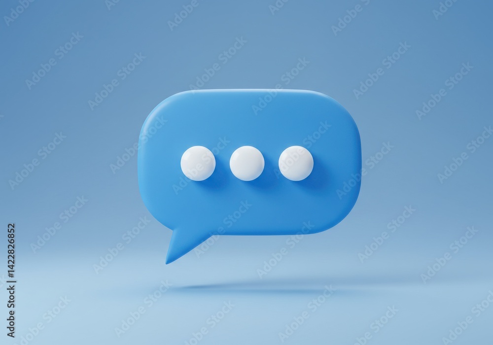Poster a blue speech bubble with three white dots on a light blue background in a minimalist style render