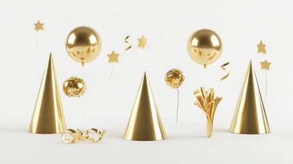Premium 3d celebration hat set, polished gold material, detailed party accessories, clean white environment, professional product visualization, floating arrangement, ultra-detailed celebration