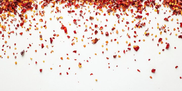 A minimalist composition featuring red chili pepper flakes and scattered chopped paprika on a clean white background.
