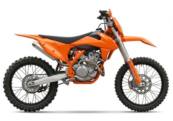 Fototapeta premium A side view of a bright orange dirt bike with black seat and knobby tires on a white background image